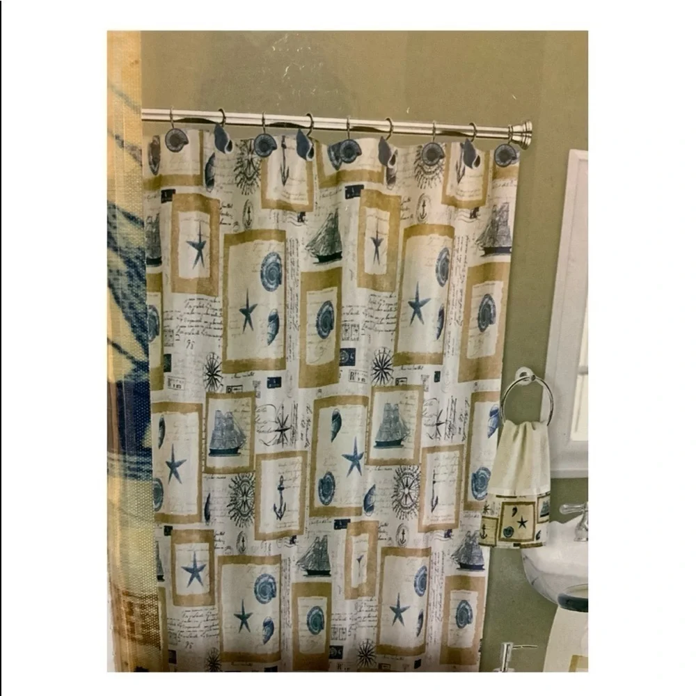 Nautical Seashell Beach Fabric Shower Curtain Beige Blue Popular Bath 70x72” NEW